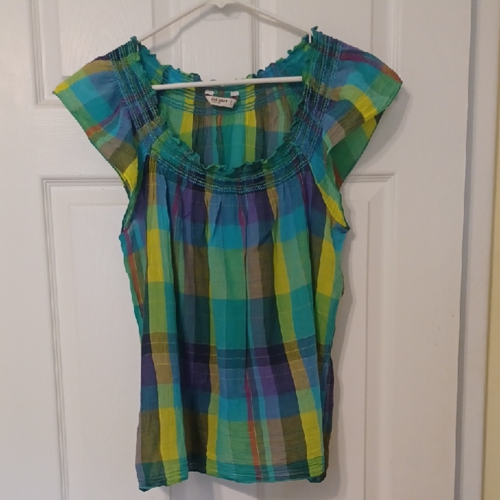 Old Navy, Sz L, Plaid Gauzy Top In Teal, Purple & Green With Fly Away Sleeves.